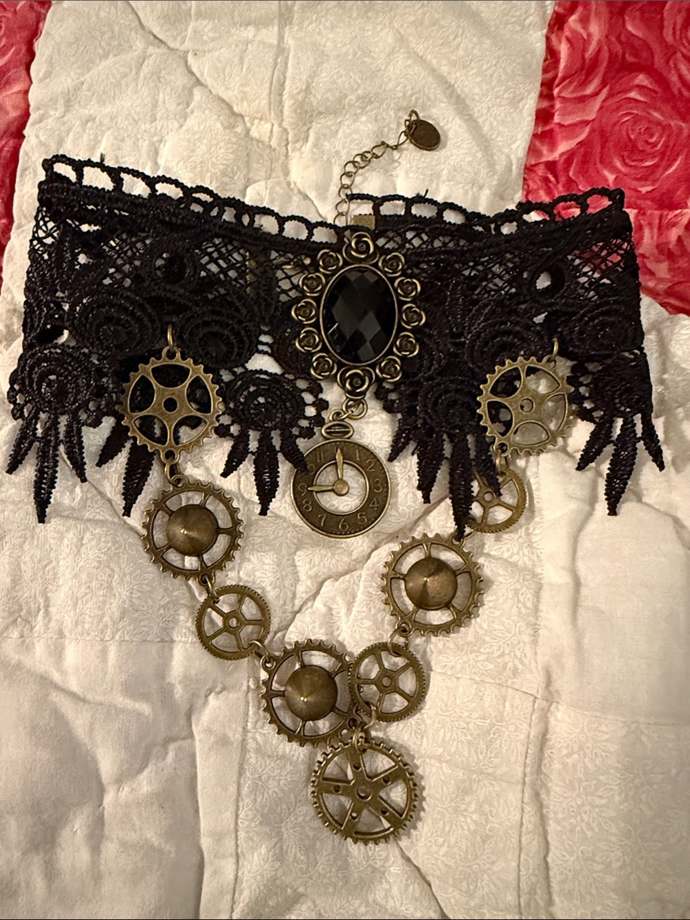 NWT Women’s Gothic Steampunk Black Lace Choker Necklace with gears, spikes